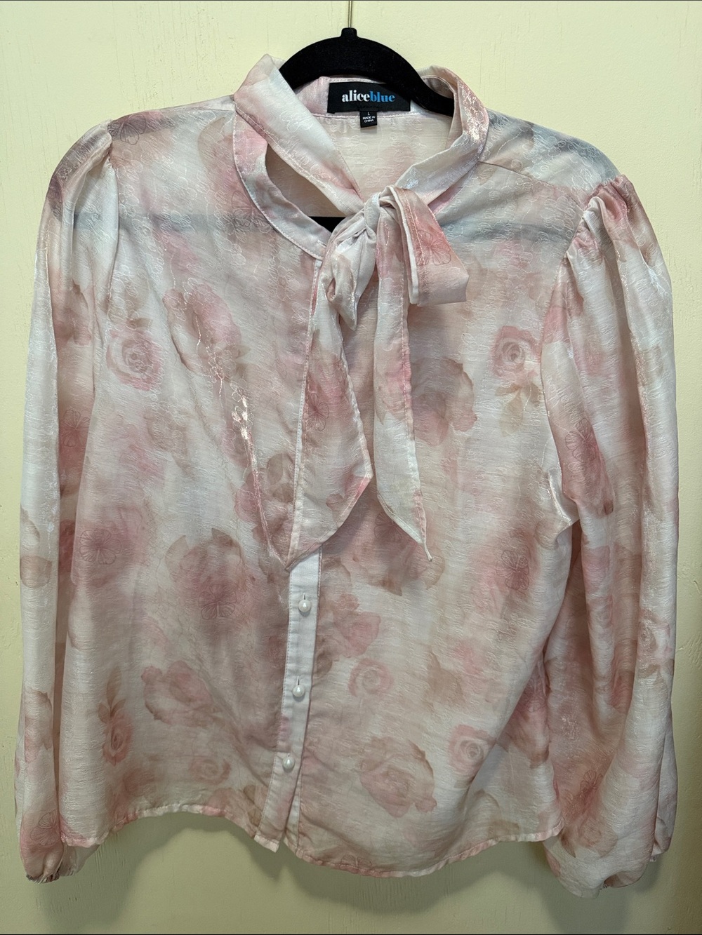 Alice Blue Pale Pink Floral Tie-Neck Blouse